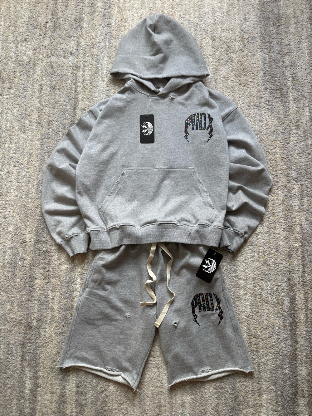 Paradox Multi-Colored Gem Distressed Hoodie Sweatshorts Set Gray S NWT
